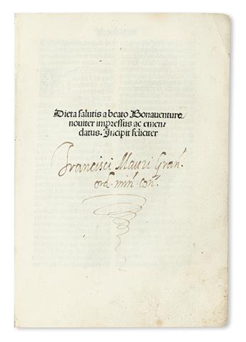 INCUNABULA  BONAVENTURA, Saint, attributed to. Dieta salutis.  1497/98.  With 4 leaves duplicated and 4 missing due to printers error.